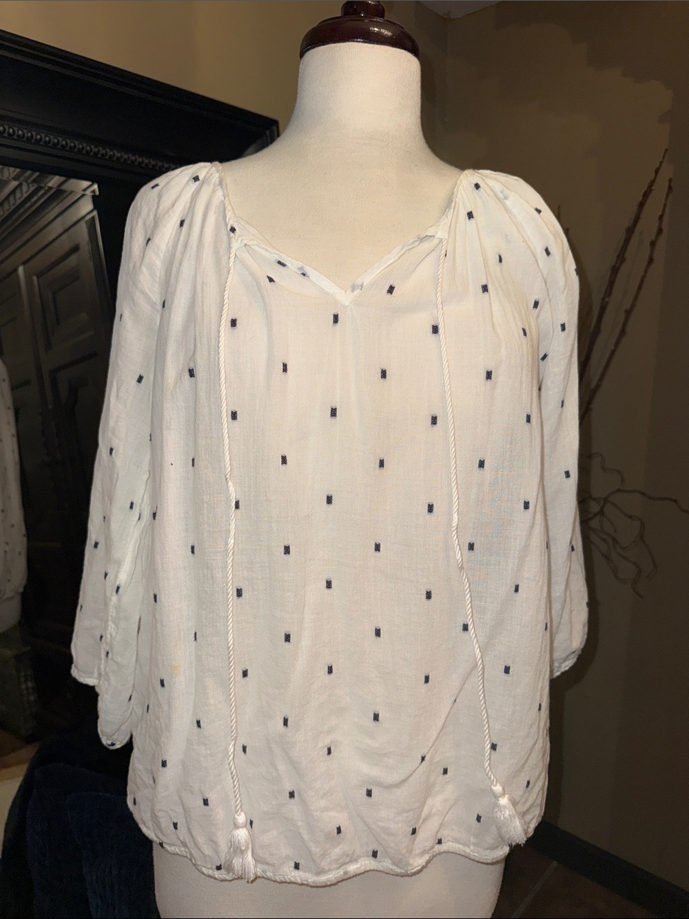 White Peasant Blouse with Navy Dot Embroidery